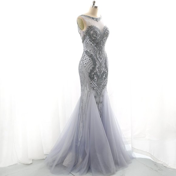 Mermaid Beaded Dusty Blue Prom Dress Luxury Formal Evening Gown - Picture 3 of 8